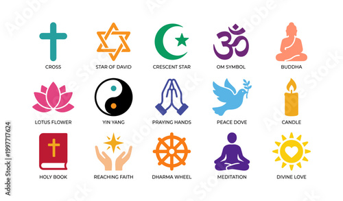 Religious and spiritual symbols displayed on white background