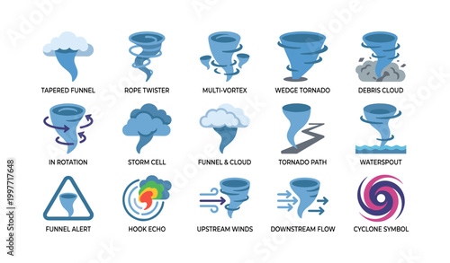 Tornado and funnel cloud icons arranged on white background