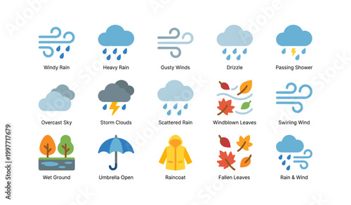 Weather and rain icons showing wind and precipitation symbols