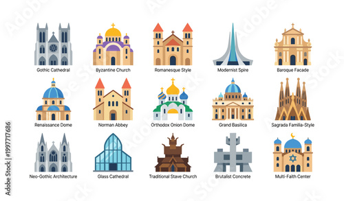 Architectural and church style icons displayed on white background