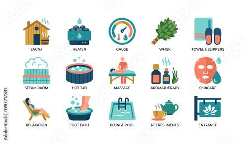 Spa wellness icons representing treatments and relaxation facilities