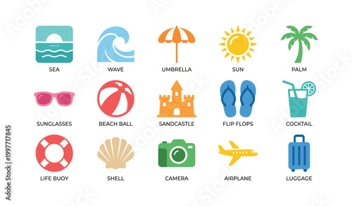 Beach and travel icons representing vacation items on white