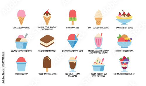 Assorted ice cream icons showing cones, cups and frozen treats