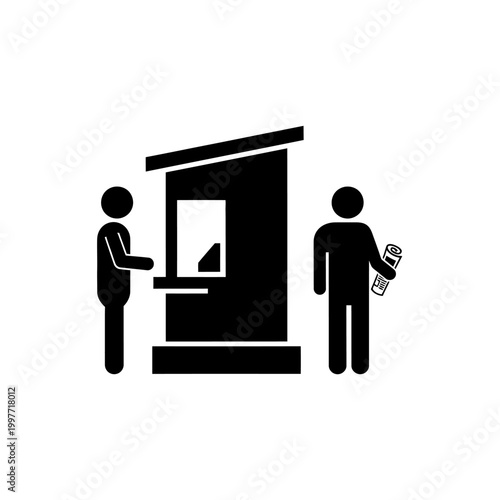 Ticket booth scene depicting people purchasing tickets for an event or activity.