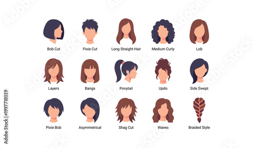 Variety of women's hairstyle icons displayed in grid on white