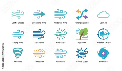 Wind and airflow icons arranged in grid on white background