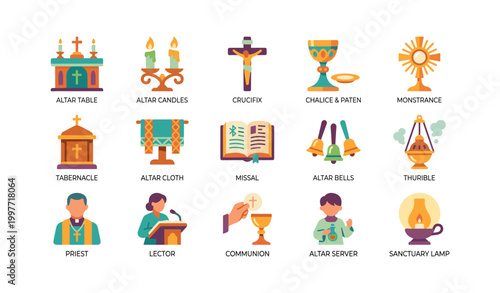 Religious altar icons and clergy symbols arranged on white background