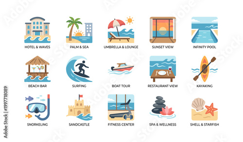 Beach and resort activity icons arranged in grid on white background