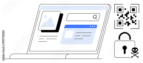 Cybersecurity, online safety, fake content detection, data encryption, secure browsing, QR code usage. Laptop with search interface, lock QR code and warning icon. Cybersecurity and online safety