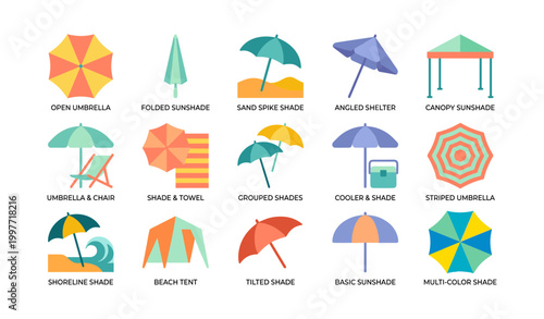 Beach umbrellas and sunshades arranged in grid on white background