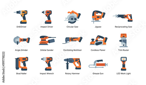 Cordless power tools and woodworking equipment on white background