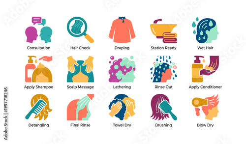 Salon shampoo and styling icons arranged on white background