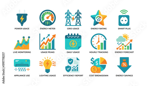 Energy monitoring icons showing usage and forecast on white background