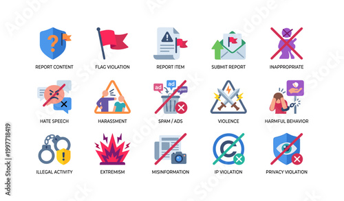 Moderation icons for report categories displayed in grid layout