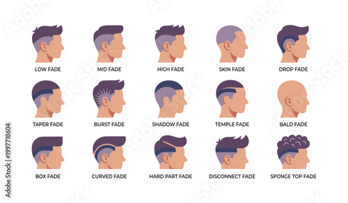 Men hairstyle icons illustrating various fade cuts and hair types