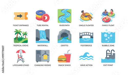 Water park icons showing attractions amenities and safety