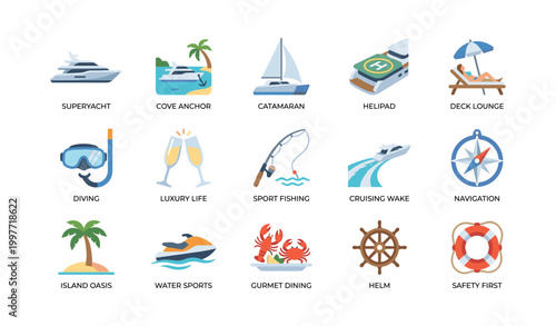 Yacht and boating icons showing vessels and maritime leisure