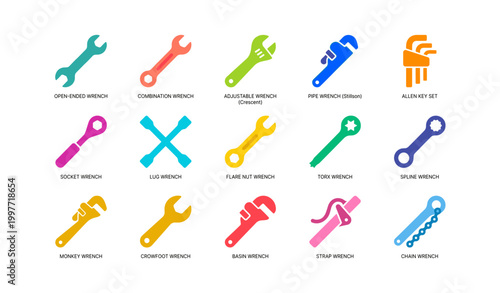 Wrench and tool icons showing types on white background