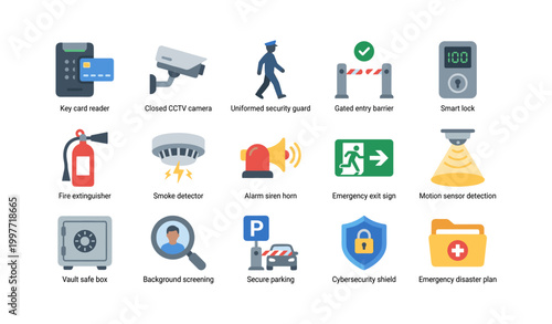 Security icons for access control and emergency gear on white
