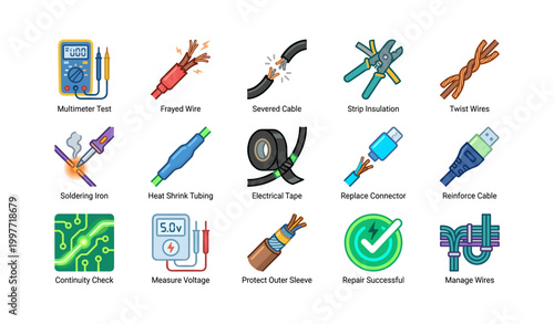 Electrical repair and cable maintenance icons on white background