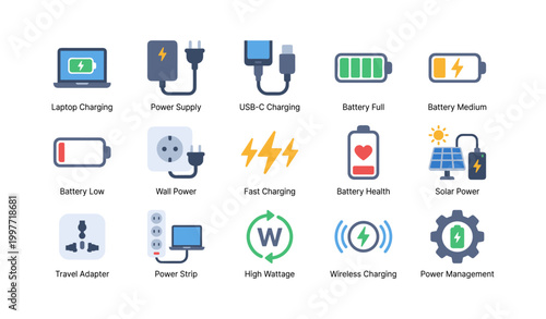 Charging and battery icons showing chargers on white background