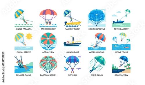 Parasailing icons displayed in a grid on a white background panel