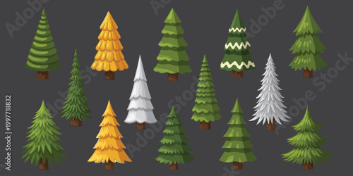 Stylized cartoon forest scene with colorful evergreen and deciduous trees