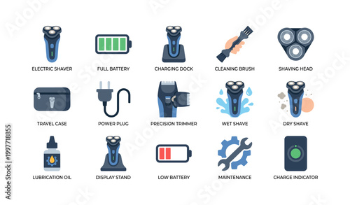 Electric shaver accessories and status icons on white