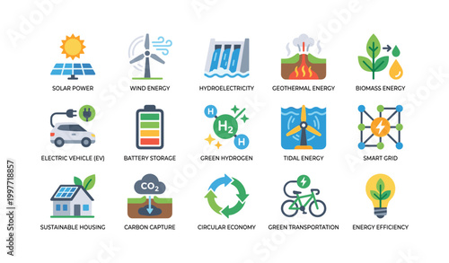 Renewable energy icons illustrating clean power technologies on white