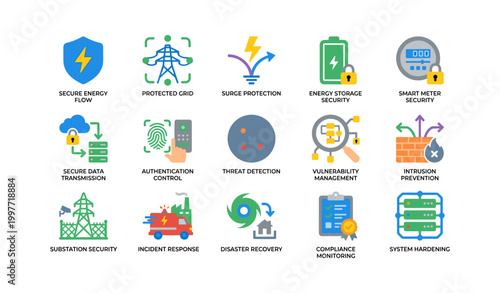 Grid of energy security icons shown on white background