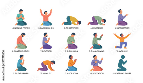 Various kneeling prayer poses displayed on white background