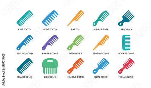 Comb icons showing different comb types and grooming tools on white