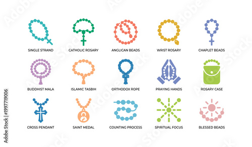 Rosary and prayer beads icons depicting various styles on white
