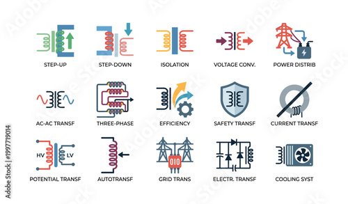 Transformer icons showing functions and power distribution on white