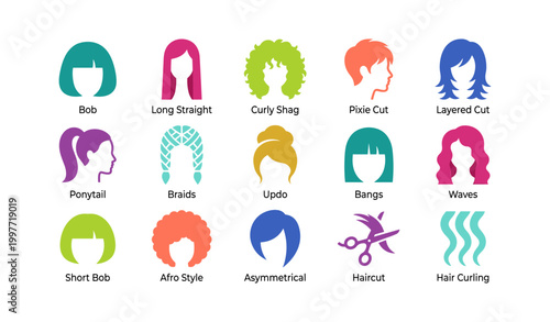Multiple hair style icons displayed in labeled grid layout