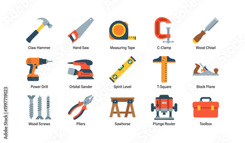Workshop tool icons displaying hand and power tools on white background