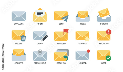 Envelope icons representing mail actions arranged on white background