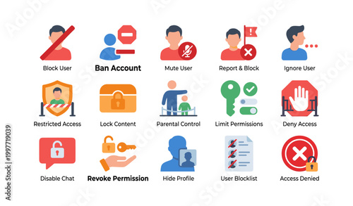 User restriction and access control icons arranged on white background