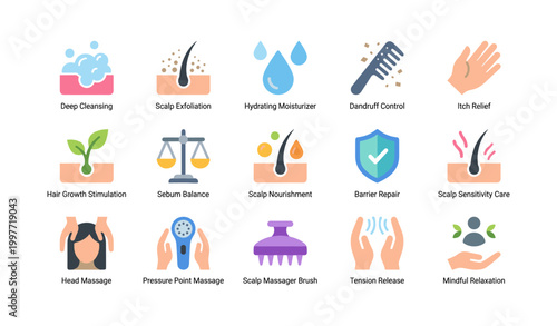 Scalp care icons arranged in grid on white background