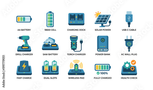 Grid of battery and charging icons for power accessories