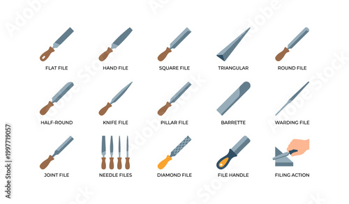 Set of metal file tool icons showing different file shapes and uses
