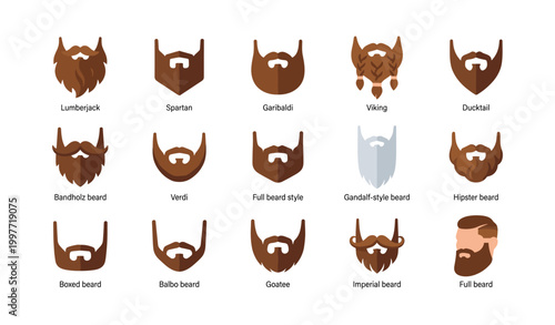Collection of beard style icons with labels on white background