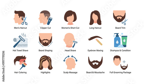 Haircut and grooming service icons displayed on white grid