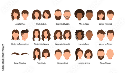 Hairstyle icons showing before and after cuts on white background