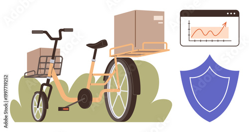 E-commerce, eco-friendly transport, data analysis, cyber security, logistics, package delivery. A cargo bike with packages, analytics chart and shield icon. E-commerce and eco-friendly transport