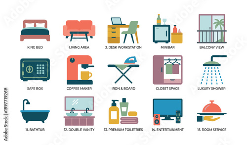 Hotel room amenities illustrated as colorful icons in grid