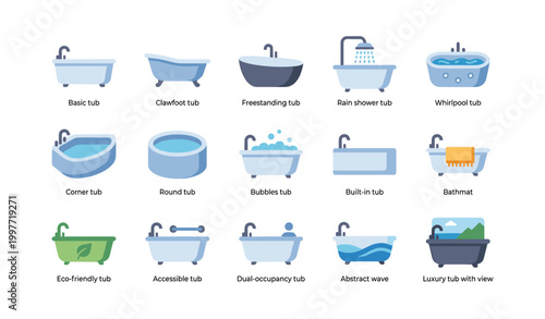 Various bathtub types displayed in grid on white background
