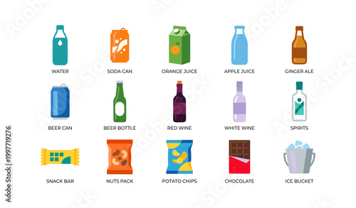 Assortment of drinks and snacks arranged in grid on white background