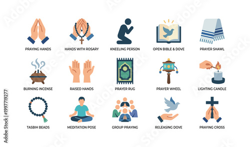 Prayer icons of hands rosary and meditation on white background