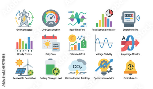 Energy metering icons showing consumption and grid status